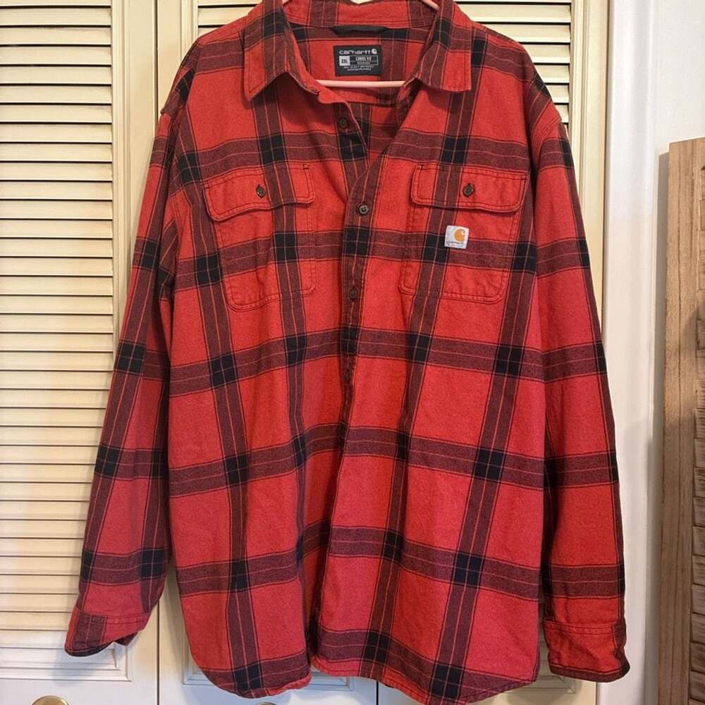 Carhartt Loose Fit Heavyweight Flannel Long-Sleeve Plaid Shirt 2XL Red